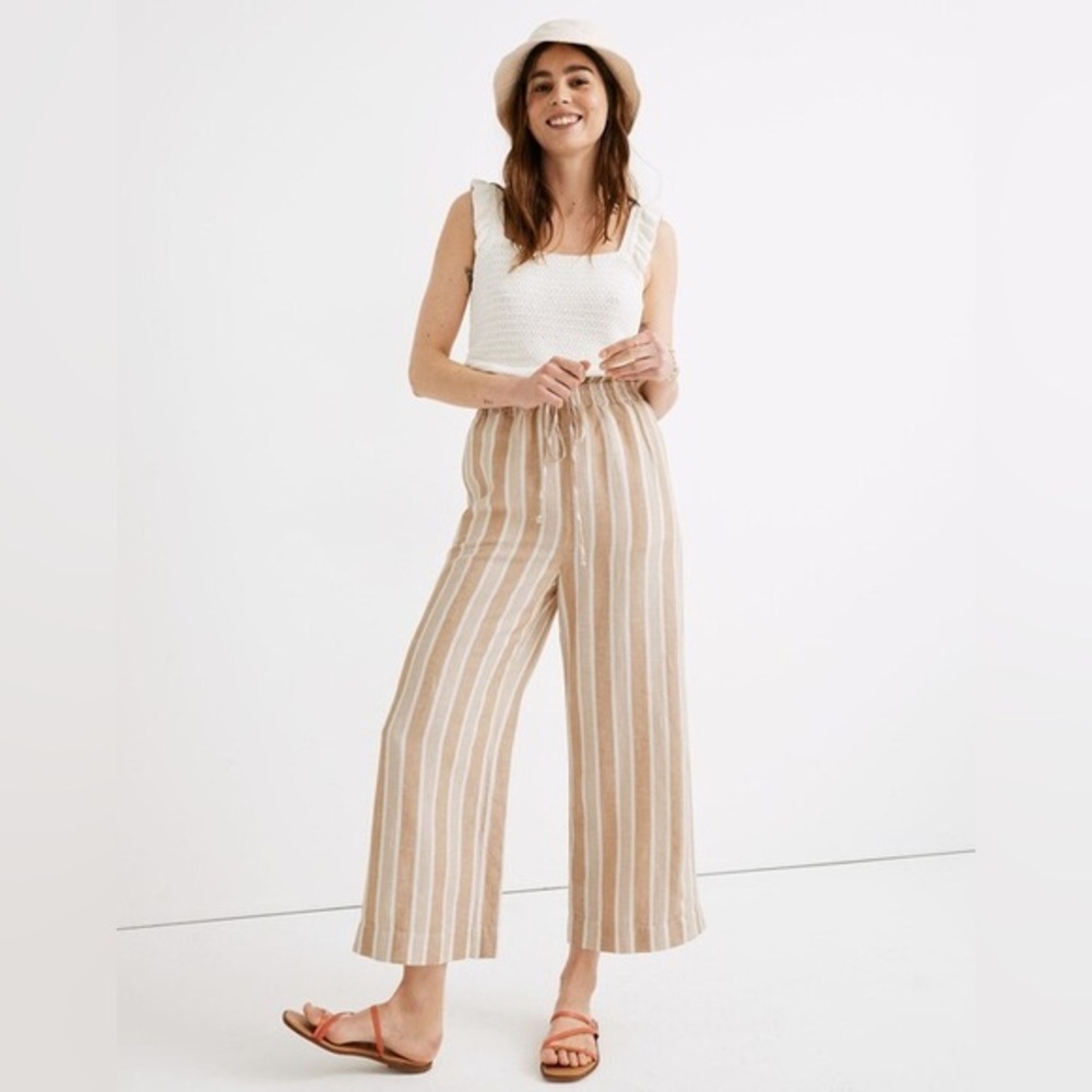 Madewell Huston Smocked Pull-On Crop Pants Womens S Tan/White Stripe